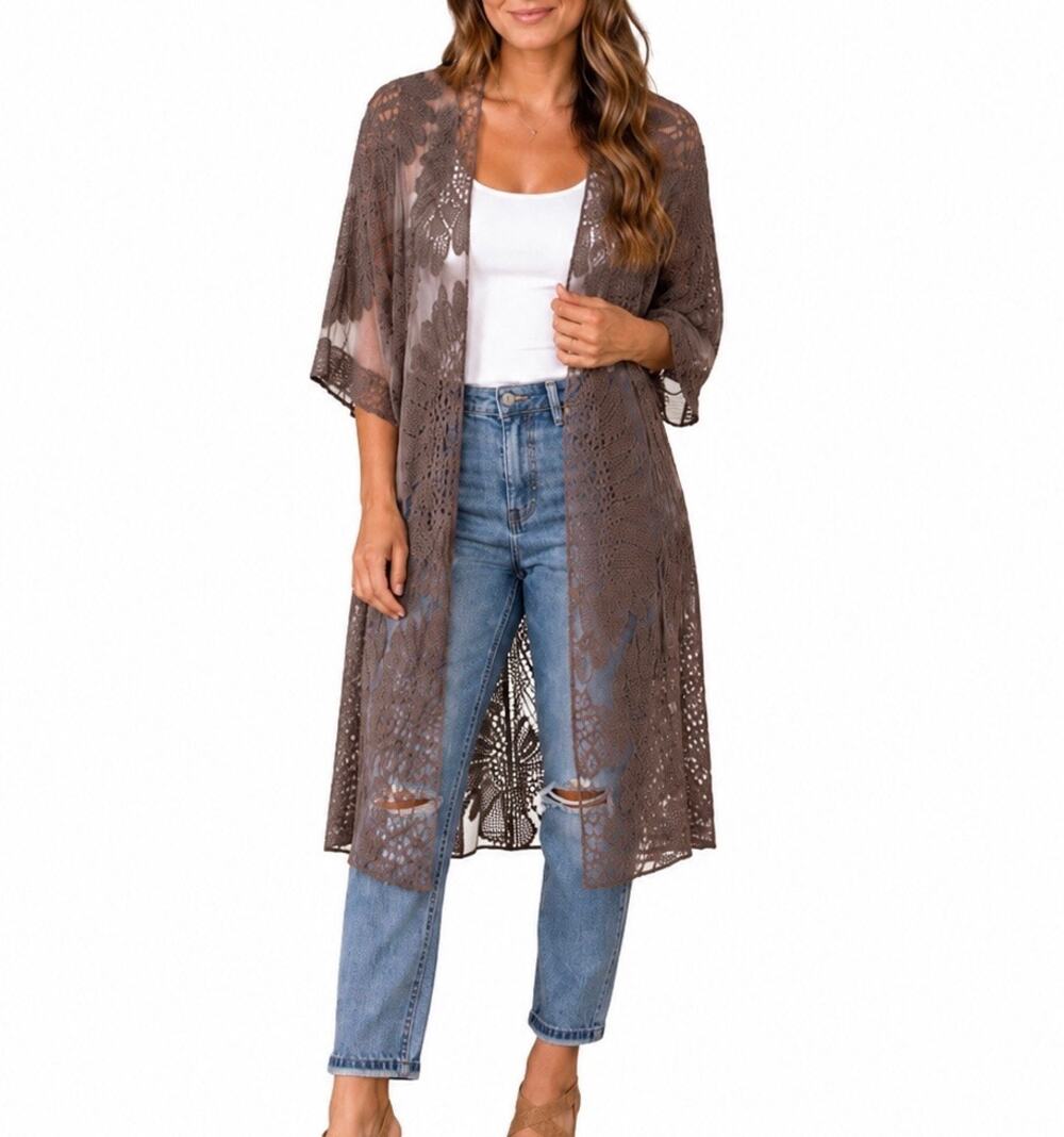 Pink Blush Size Small/Medium Brown Mesh Crochet Lightweight Duster Cardigan